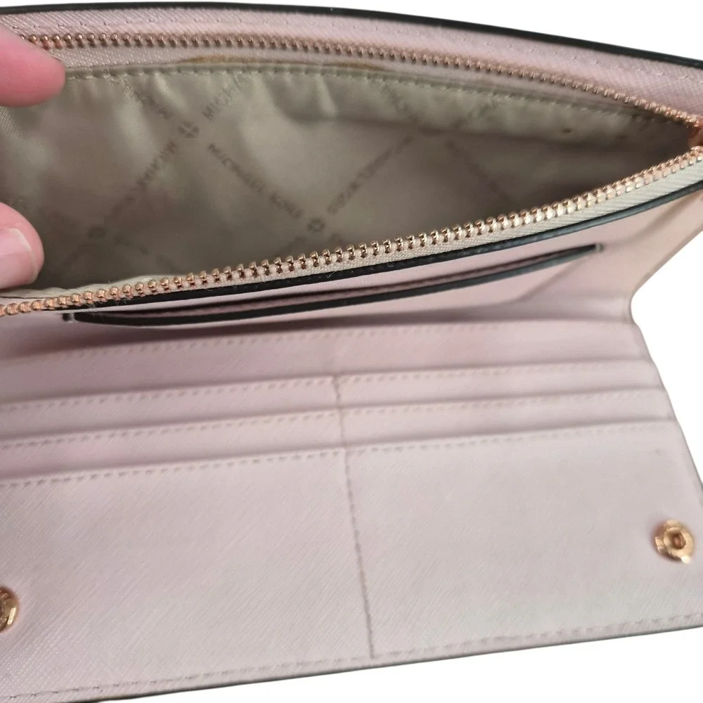 Michael Kors Pink Saffiano Leather Jet Set Bifold Slim Wallet Gold Logo